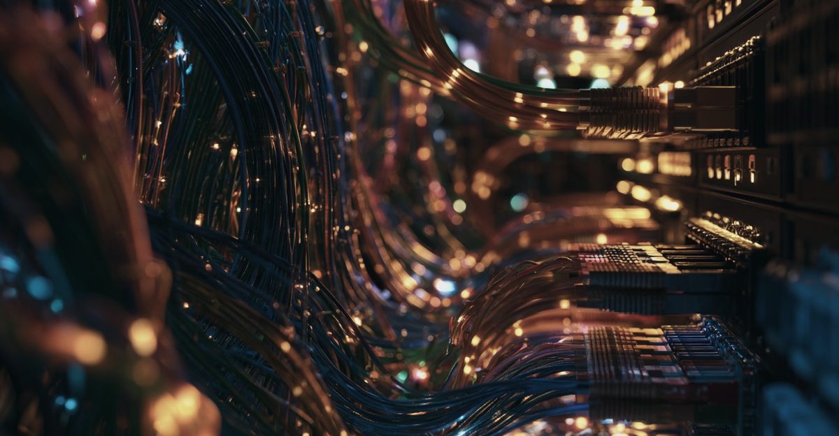 Bundled fibre-optic strands glowing against dark equipment in close macro, illustrating the question of whether CoreWeave earnings really move Korean memory shares, from korea-stock-guide.com