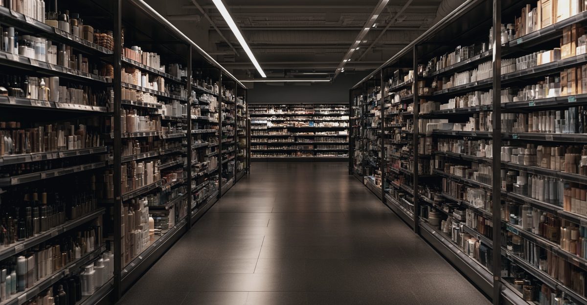 A long retail aisle lined with shelves of small packaged goods under strip lighting, illustrating how much shelf space K-beauty has left to win in American retail, from korea-stock-guide.com