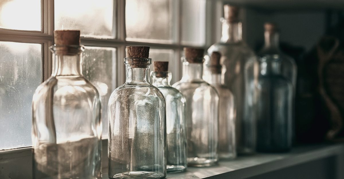 Empty corked glass bottles on a windowsill in backlight, illustrating the growth of Korean cosmetics exports into Europe, from korea-stock-guide.com