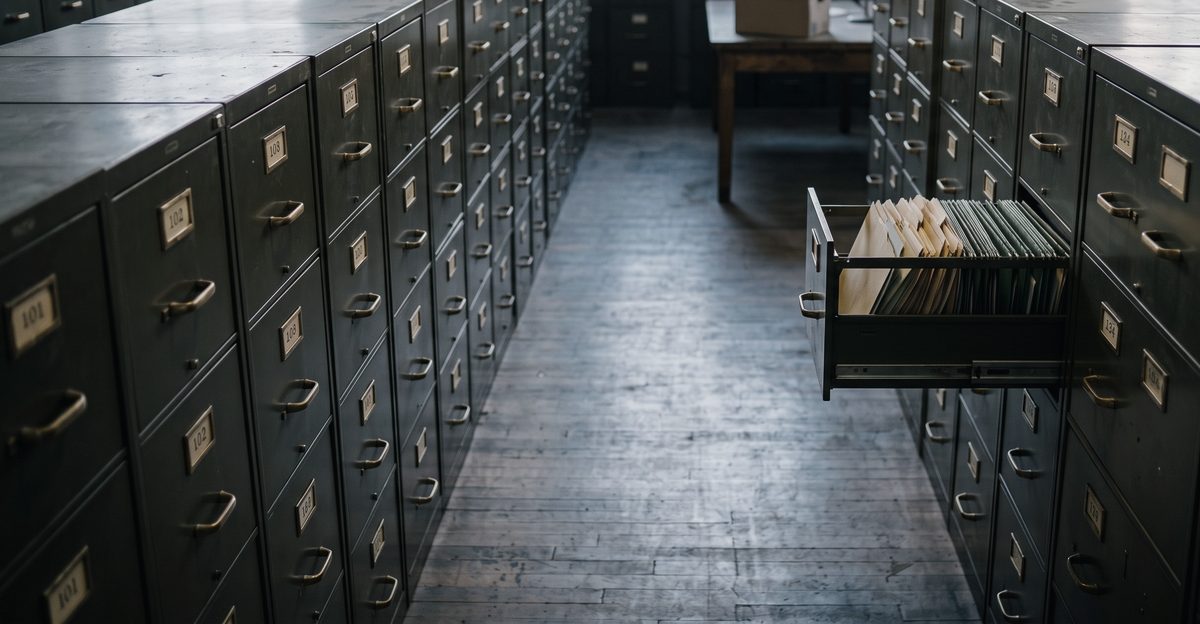 Rows of metal filing cabinets in a records room with a single drawer pulled open, illustrating which memory maker has actually filed its long-term supply contract terms, from korea-stock-guide.com