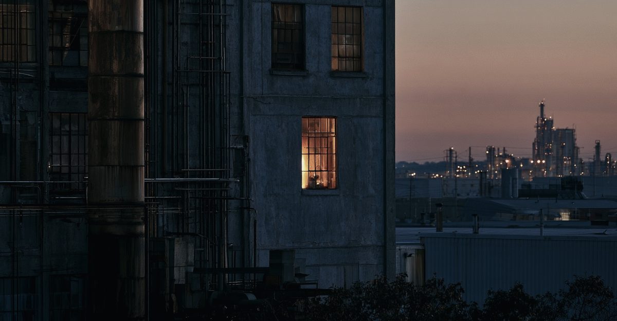 An industrial building at dusk with one window lit and a plant on the horizon, illustrating the margin gap between SK hynix and the equipment makers that supply it, from korea-stock-guide.com