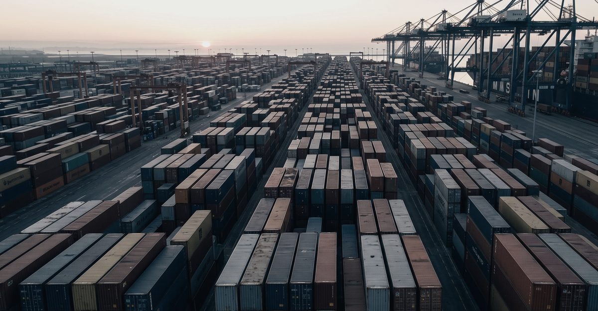 Stacked shipping containers filling a port yard at dawn with gantry cranes behind, illustrating the packaging queue rather than Taiwan risk as the constraint on Samsung Foundry, from korea-stock-guide.com