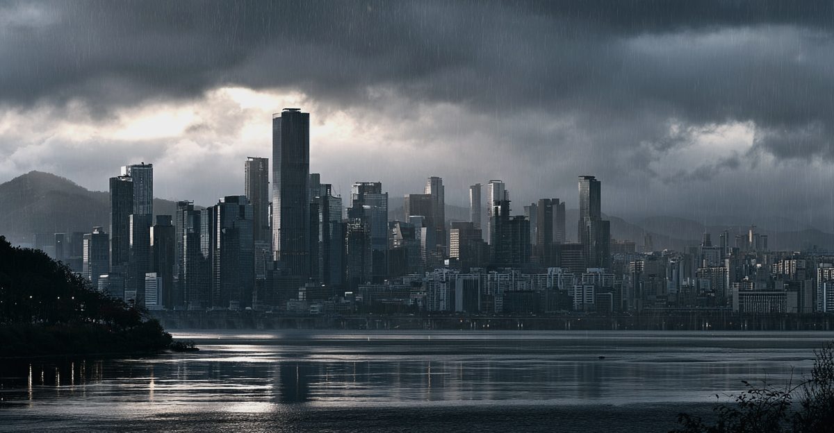 A city skyline under heavy storm cloud seen across grey water, illustrating the July 2026 selloff in Korean shares on a record quarter, from korea-stock-guide.com