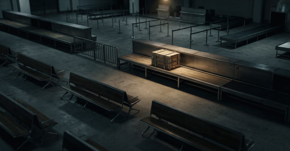 An empty customs inspection hall at night with a single sealed wooden crate lit on one bench, illustrating the tariff ceiling Korea's US investment package is meant to protect, from korea-stock-guide.com