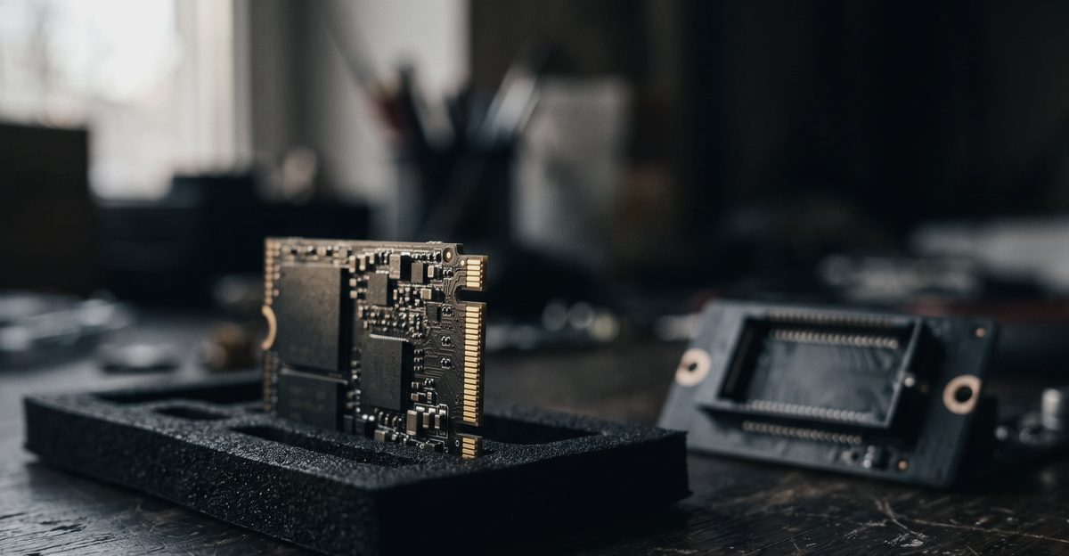 A small detachable memory module standing on edge in a foam tray with its row of gold contact fingers catching low light and an empty socket behind it, illustrating why halving the memory on a module does not halve the substrate maker's orders, from korea-stock-guide.com