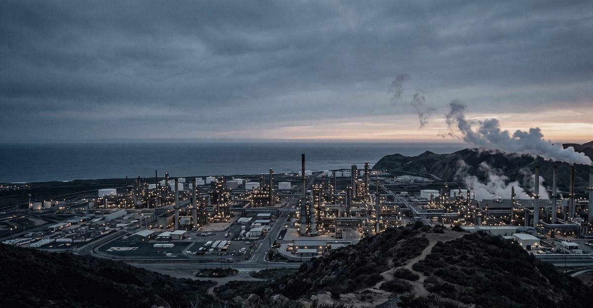 A large industrial plant spread across a coastal plain at first light, seen from a distant ridge, illustrating why the memory supply available in 2027 was committed years earlier, from korea-stock-guide.com
