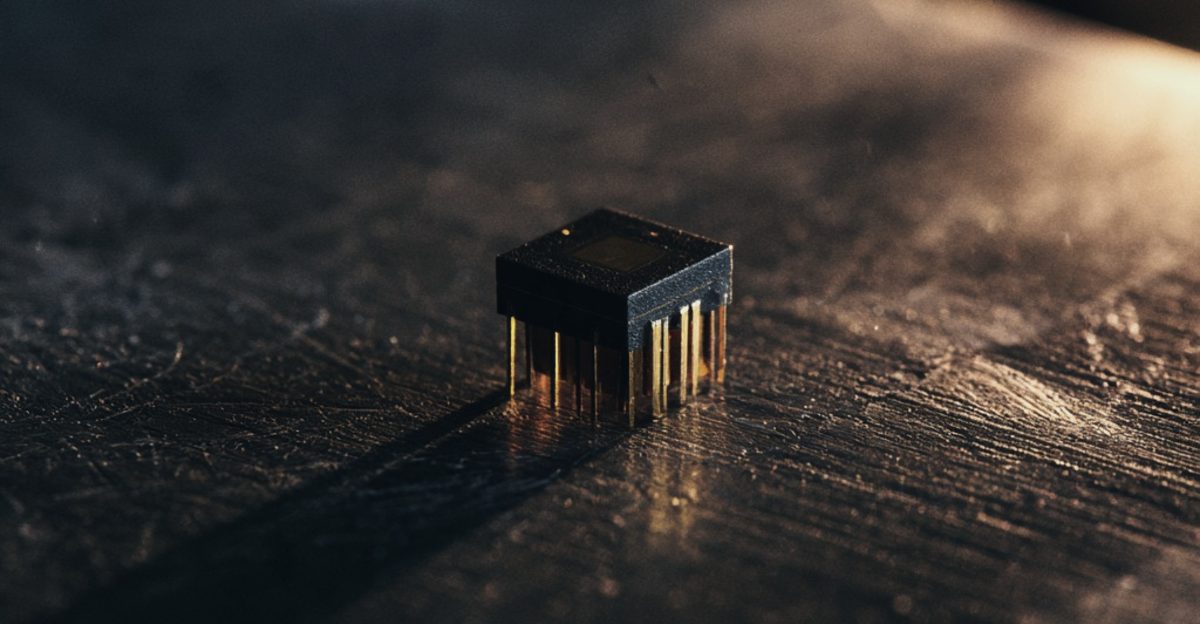 A small gold-pinned hermetic package on a scratched metal surface under low warm light, illustrating RF Materials' role in packaging Lumentum's pump lasers, from korea-stock-guide.com